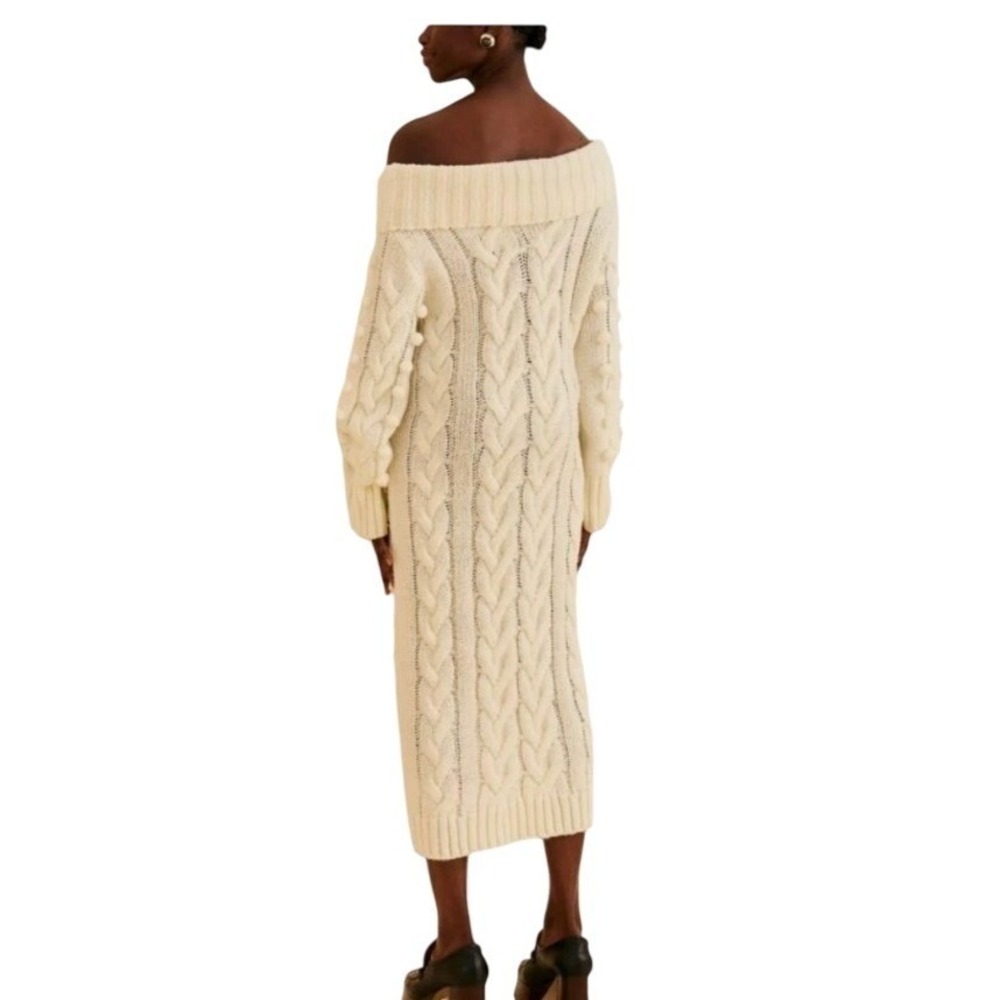 Farm Rio NWT SZMED Chunky Cable Knit PomPom Sweater Dress Cream Convertible Neck - Picture 2 of 16